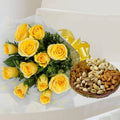 Basket of 1 Kg Assorted Dryfruits with 10 Yellow Roses Bunch