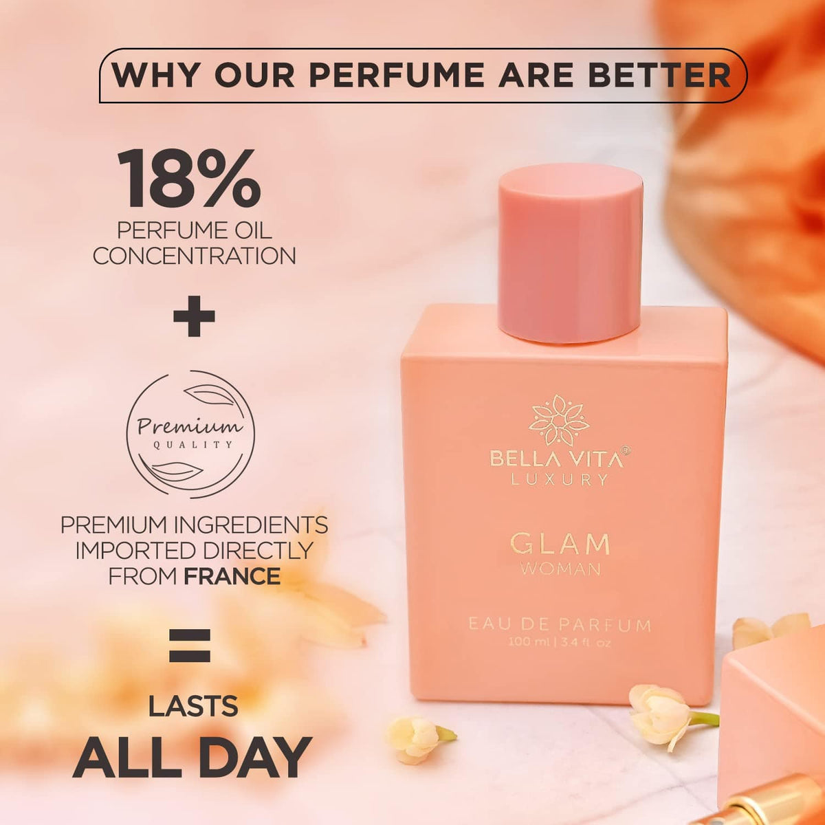 Bella Vita Luxury GLAM Woman Eau De Parfum Perfume for Her with White Honey & Virginia Cedar|Floral Long Lasting EDP Fragrance Scent for Women, 100 Ml