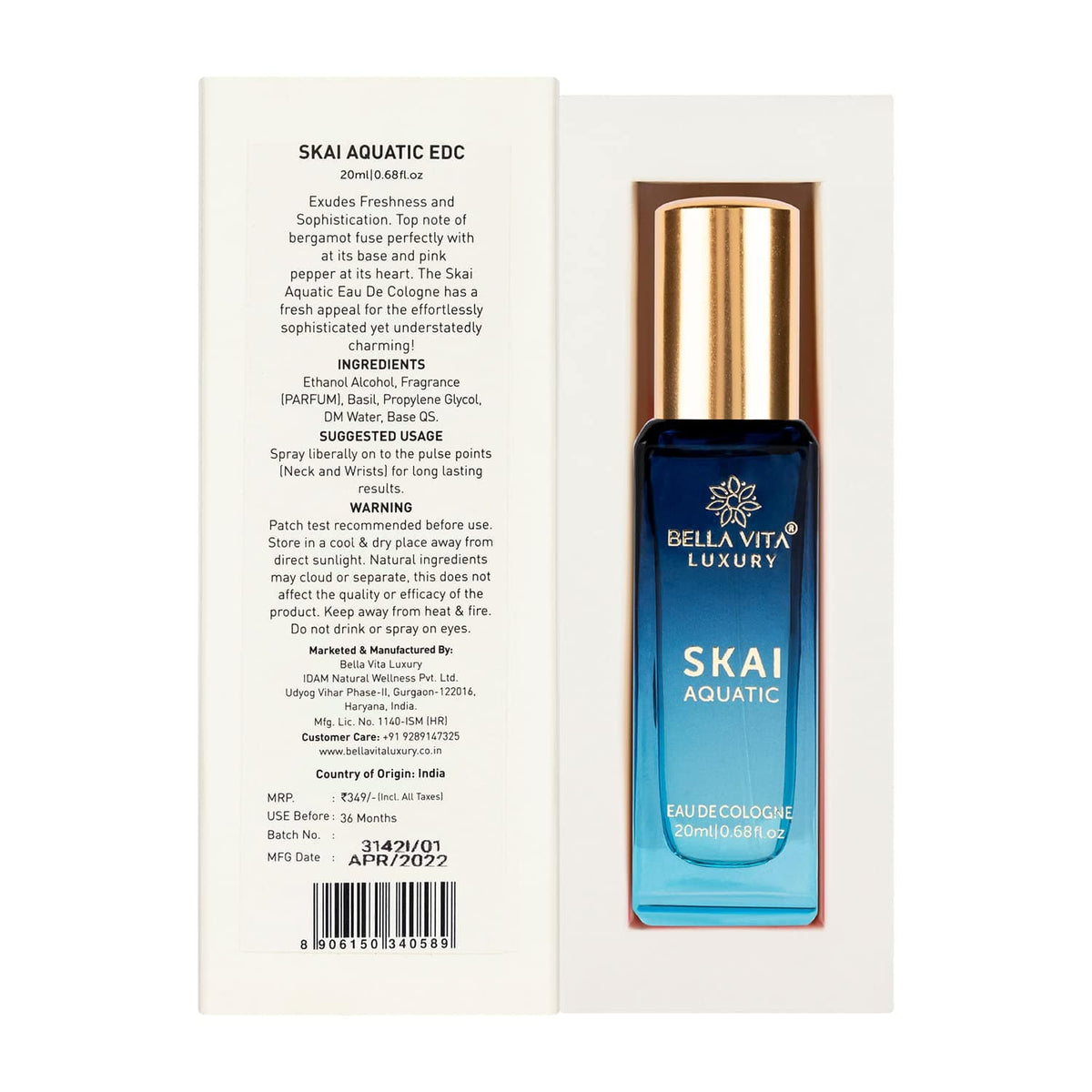 Bella Vita Luxury Skai Aquatic Eau De Cologne Unisex Perfume for Men & Women with Bergamot, Pink Pepper |Long Lasting Aqua EDC Fragrance Scent, 100 Ml