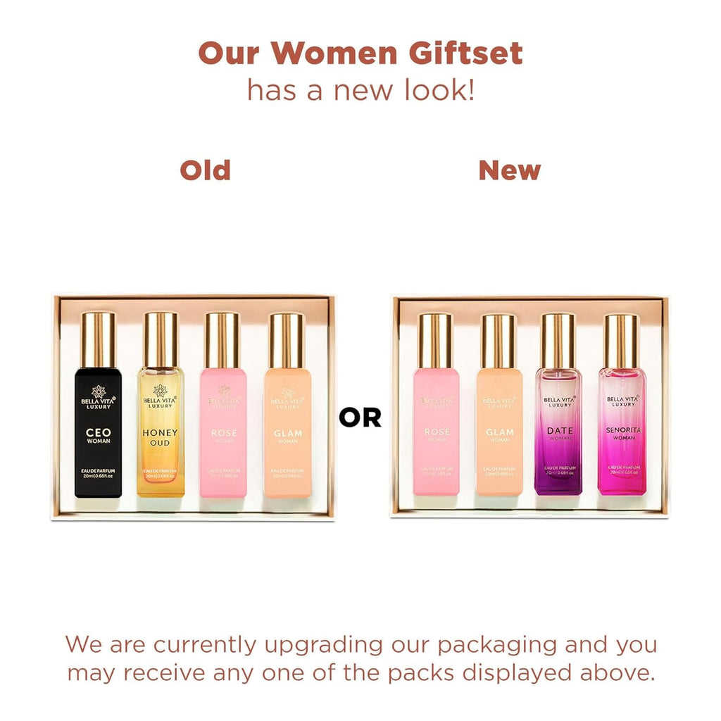 Bella Vita Luxury Woman Eau De Parfum Gift Set 4x20 ml for Women with Date, Senorita, Glam, Rose Perfume|Floral, Fruity Long Lasting EDP Fragrance Scent