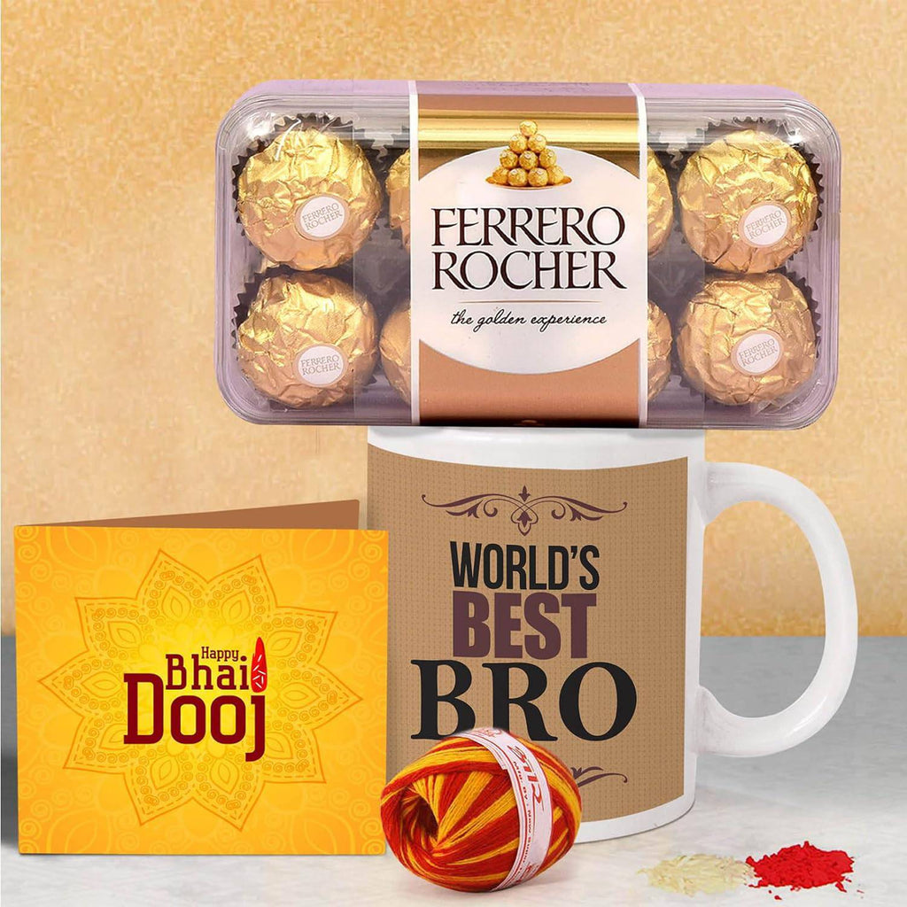 Bhai Dooj Gift Set for Brother Combo Pack - Coffee Mug with Ferrero Rocher Chocolates and Kalawa Moli Roli Chawal Tikka