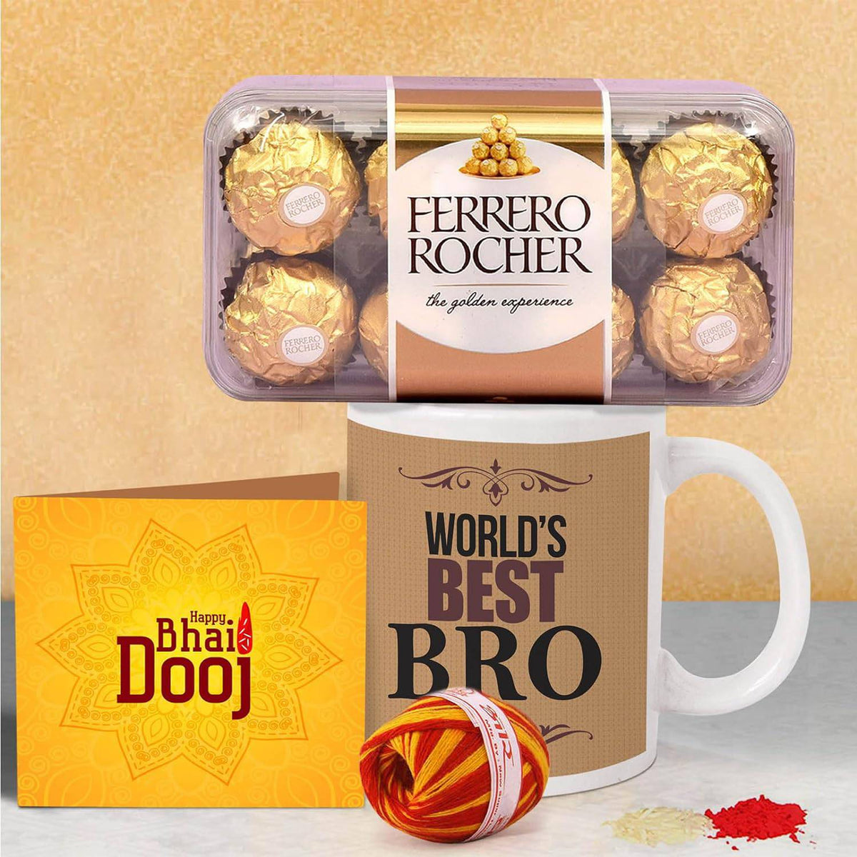 Bhai Dooj Gift Set for Brother Combo Pack - Coffee Mug with Ferrero Rocher Chocolates and Kalawa Moli Roli Chawal Tikka