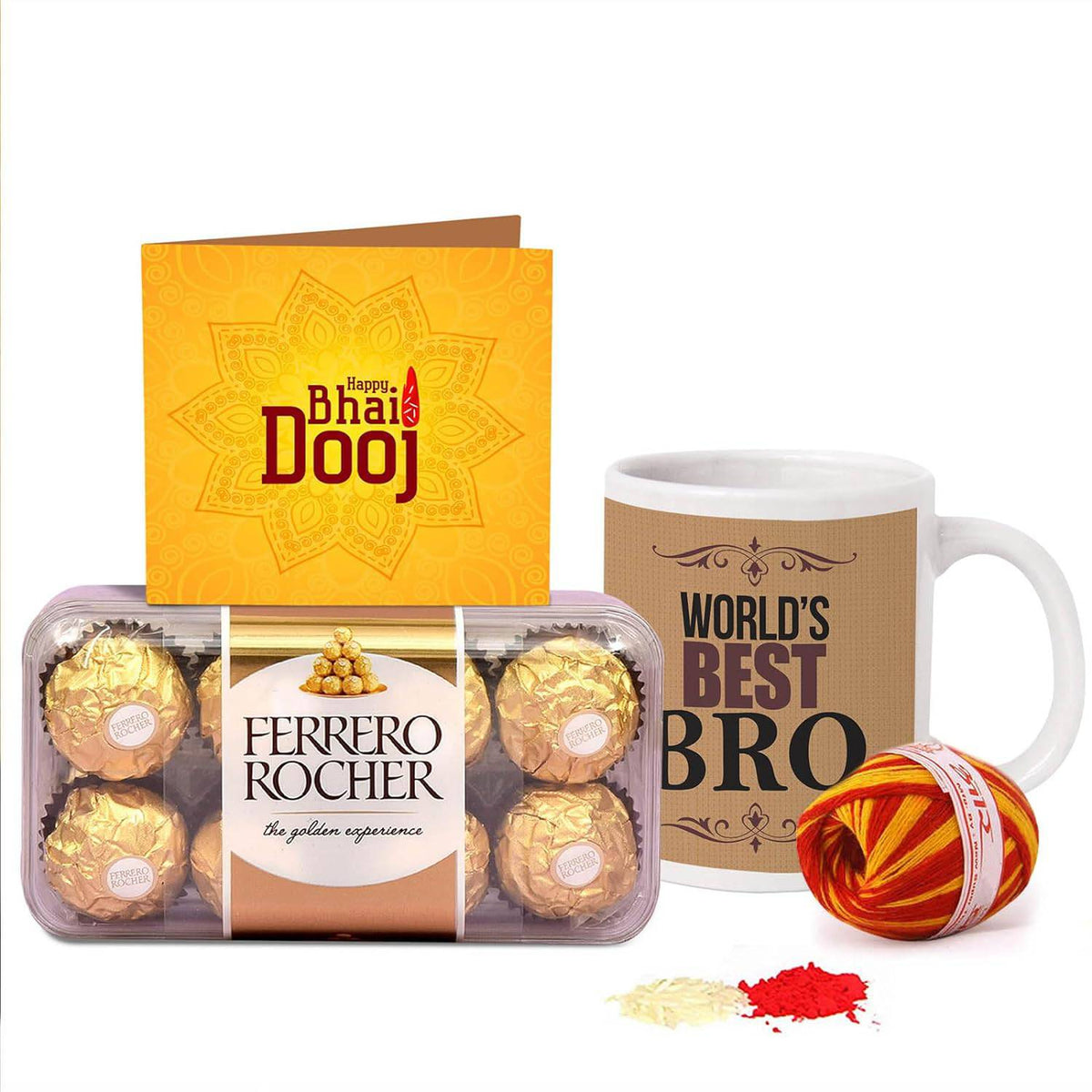 Bhai Dooj Gift Set for Brother Combo Pack - Coffee Mug with Ferrero Rocher Chocolates and Kalawa Moli Roli Chawal Tikka