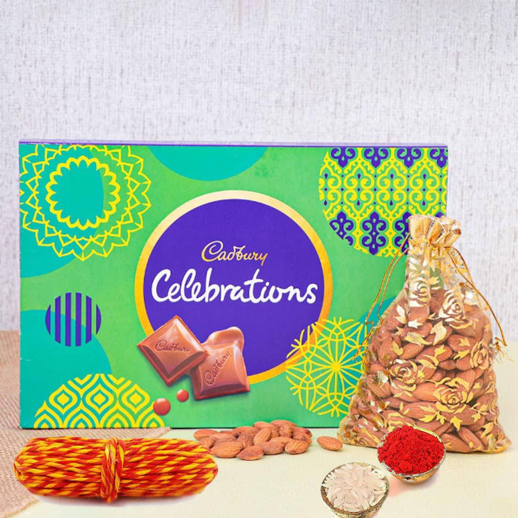 Bhai Dooj Gift Set for Brother with Cadbury Celebrations Chocolates & Dry Fruit Almonds 100g - Bhai Dooj Tika Diwali Gift Combo Pack Hamper Diwali Gifts for Family and Friends Employees Staff Clients