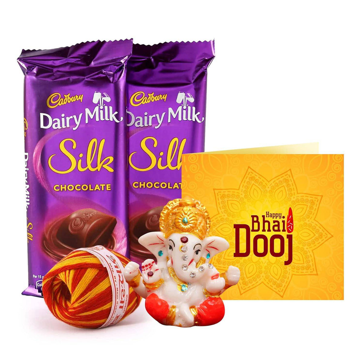 Bhai Dooj Gift Set for Brother with Dairy Milk Silk Chocolates Mini Ganesha Idol Statue Greeting Card and Kalawa Moli Roli Chawal Tika Hamper