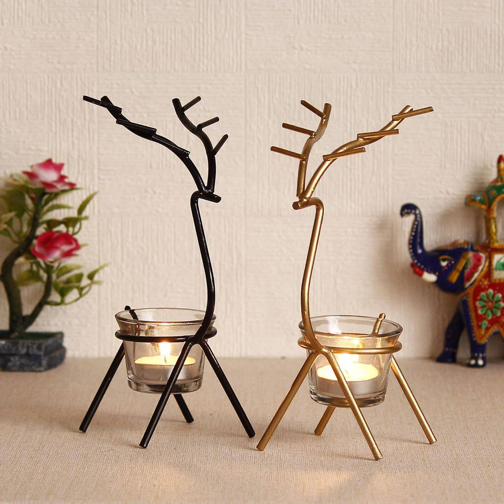 Black and Gold Set of 2 Deer Shape Decorative Handcrafted Metal Tea Light Candle Holders for Diwali Festival, Home Decor, Table Decoration, Gift