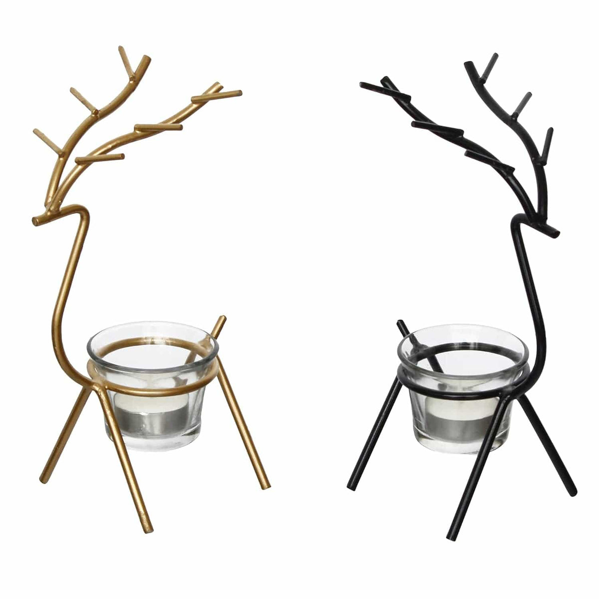 Black and Gold Set of 2 Deer Shape Decorative Handcrafted Metal Tea Light Candle Holders for Diwali Festival, Home Decor, Table Decoration, Gift
