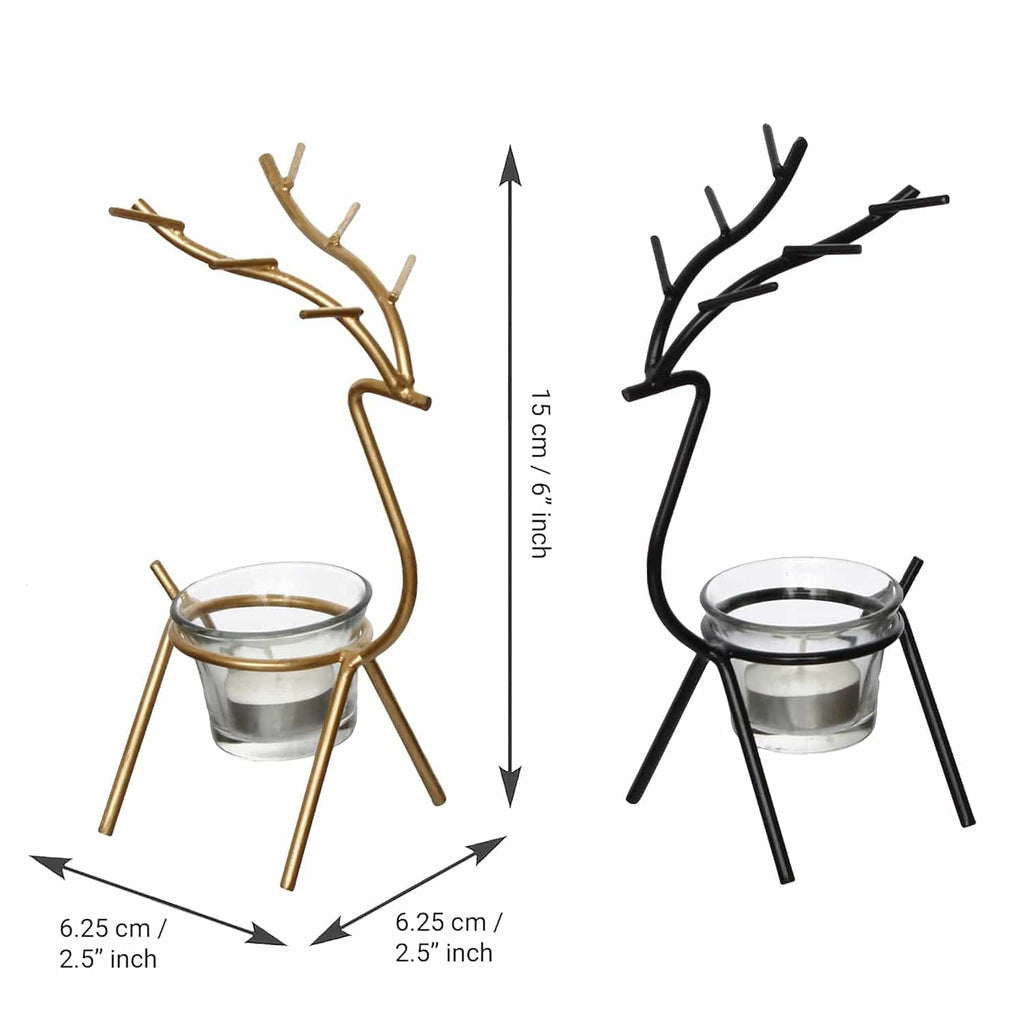Black and Gold Set of 2 Deer Shape Decorative Handcrafted Metal Tea Light Candle Holders for Diwali Festival, Home Decor, Table Decoration, Gift