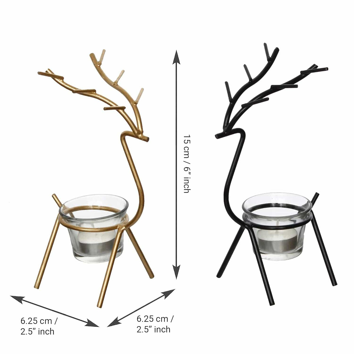 Black and Gold Set of 2 Deer Shape Decorative Handcrafted Metal Tea Light Candle Holders for Diwali Festival, Home Decor, Table Decoration, Gift