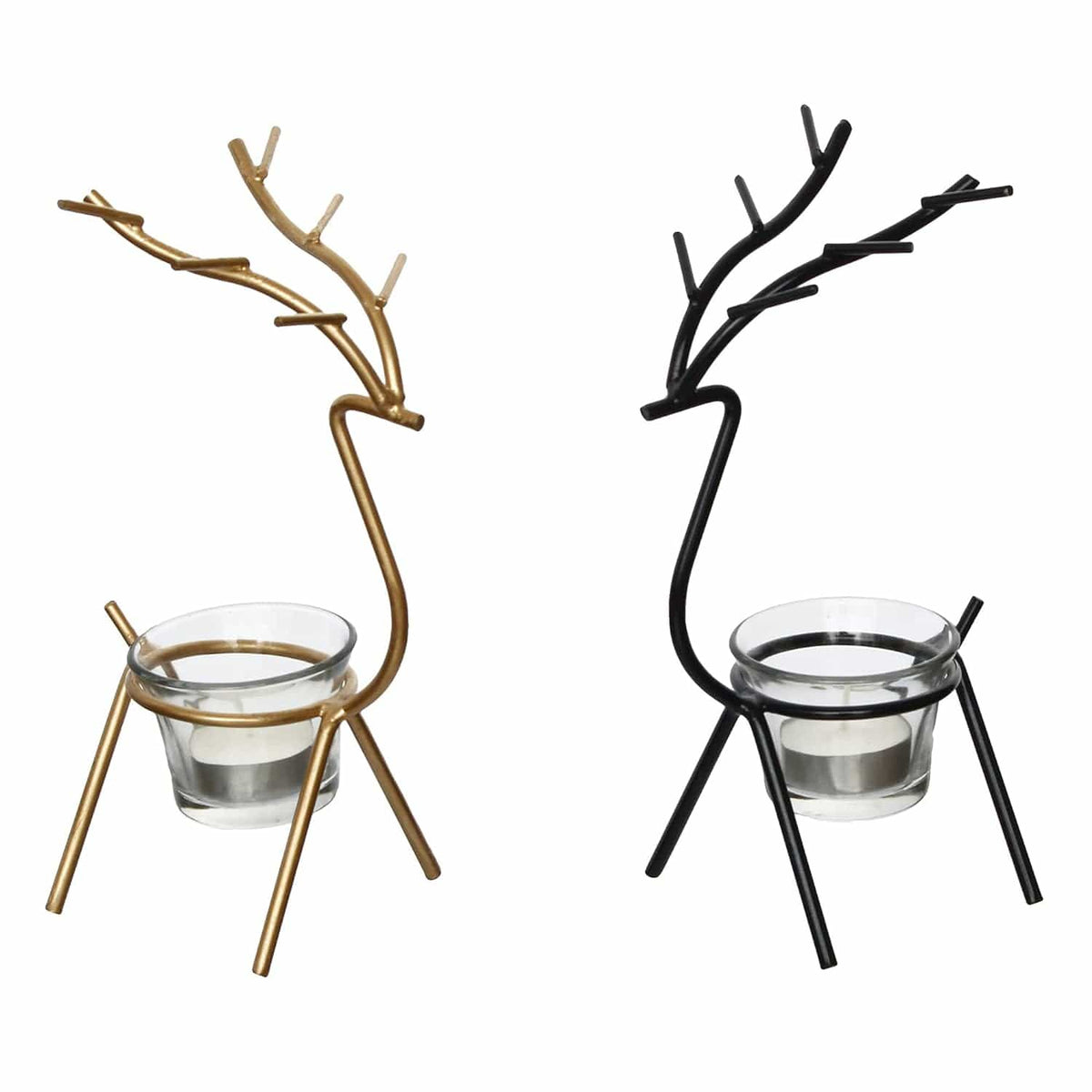 Black and Gold Set of 2 Deer Shape Decorative Handcrafted Metal Tea Light Candle Holders for Diwali Festival, Home Decor, Table Decoration, Gift