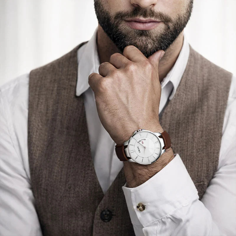 Classic Silver Dial Leather Strap Watch with Day-Date Display