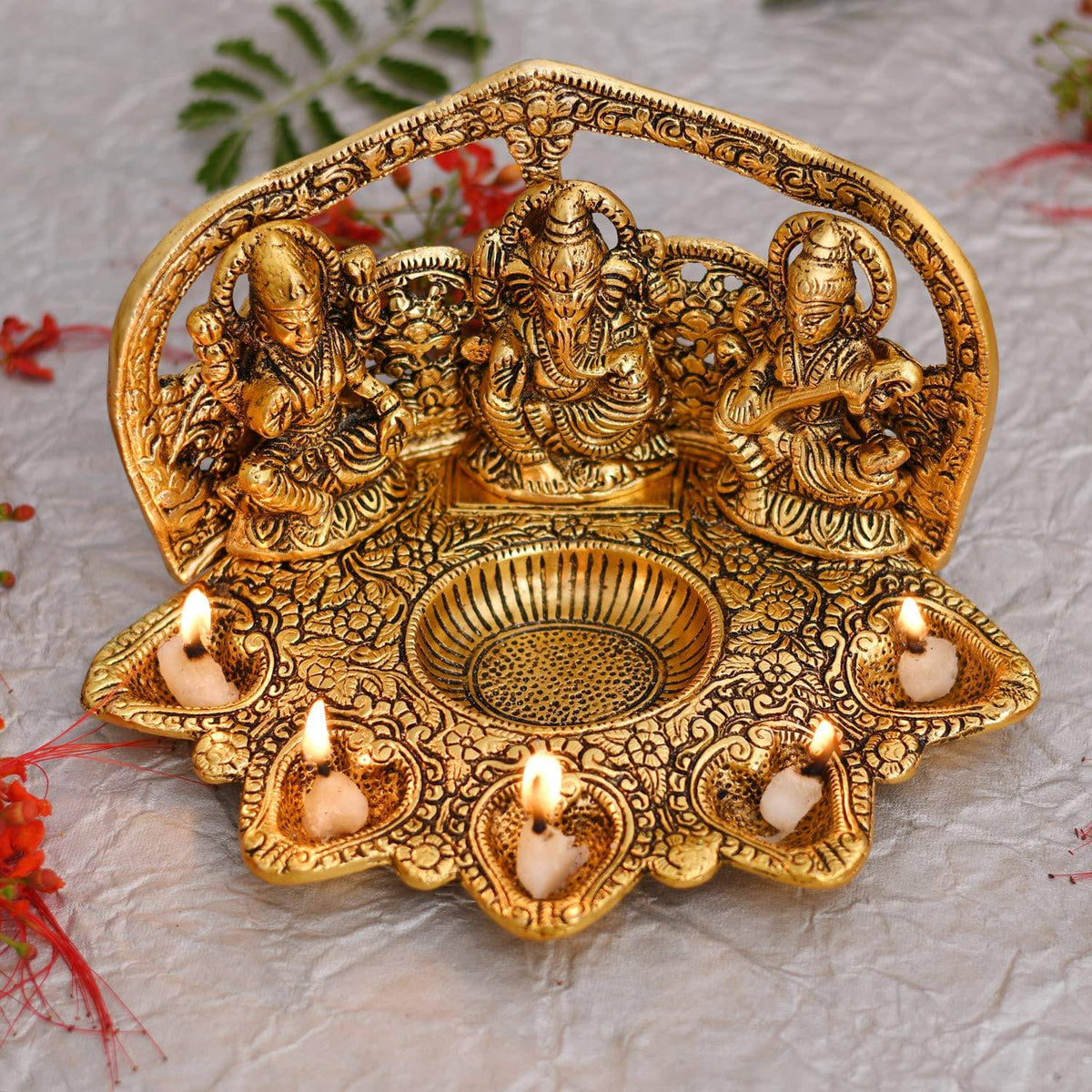 Collectable India Lakshmi Ganesh Saraswati Idol Diya Oil Lamp Deepak - Metal Lakshmi Ganesh Showpiece Statue - Traditional Diya for Diwali Pooja - Diwali Home Decor Item Gift (1)