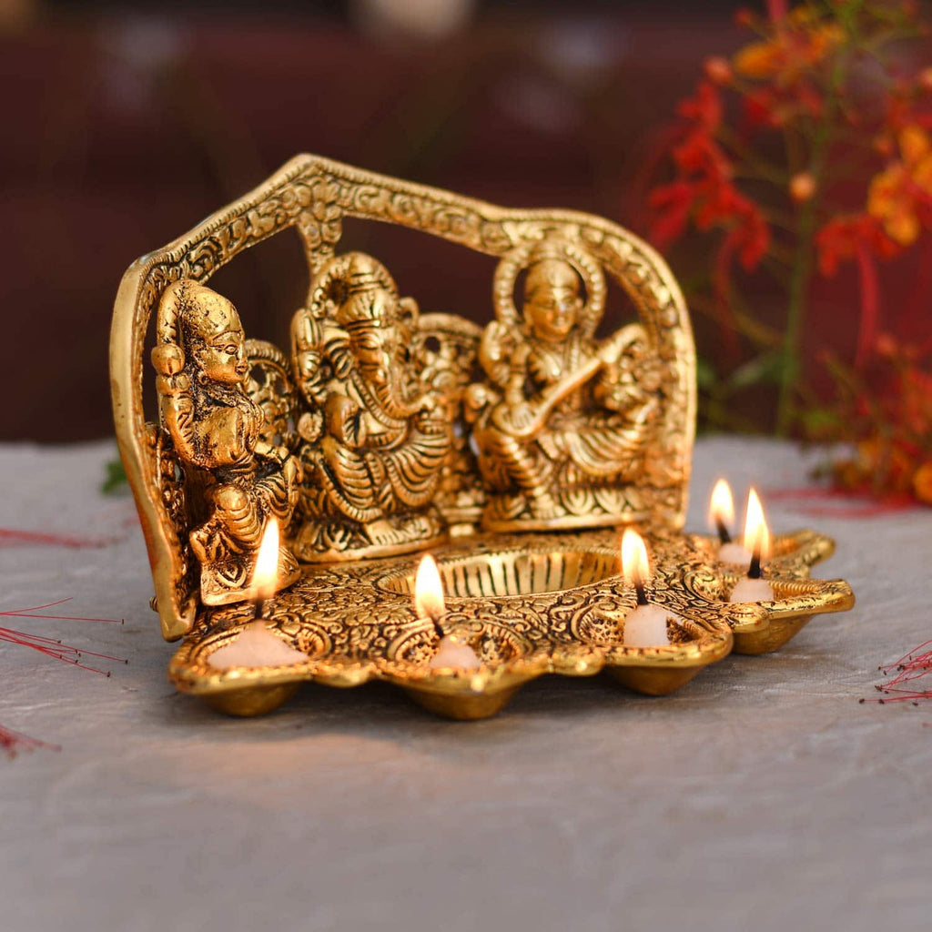 Collectable India Lakshmi Ganesh Saraswati Idol Diya Oil Lamp Deepak - Metal Lakshmi Ganesh Showpiece Statue - Traditional Diya for Diwali Pooja - Diwali Home Decor Item Gift (1)