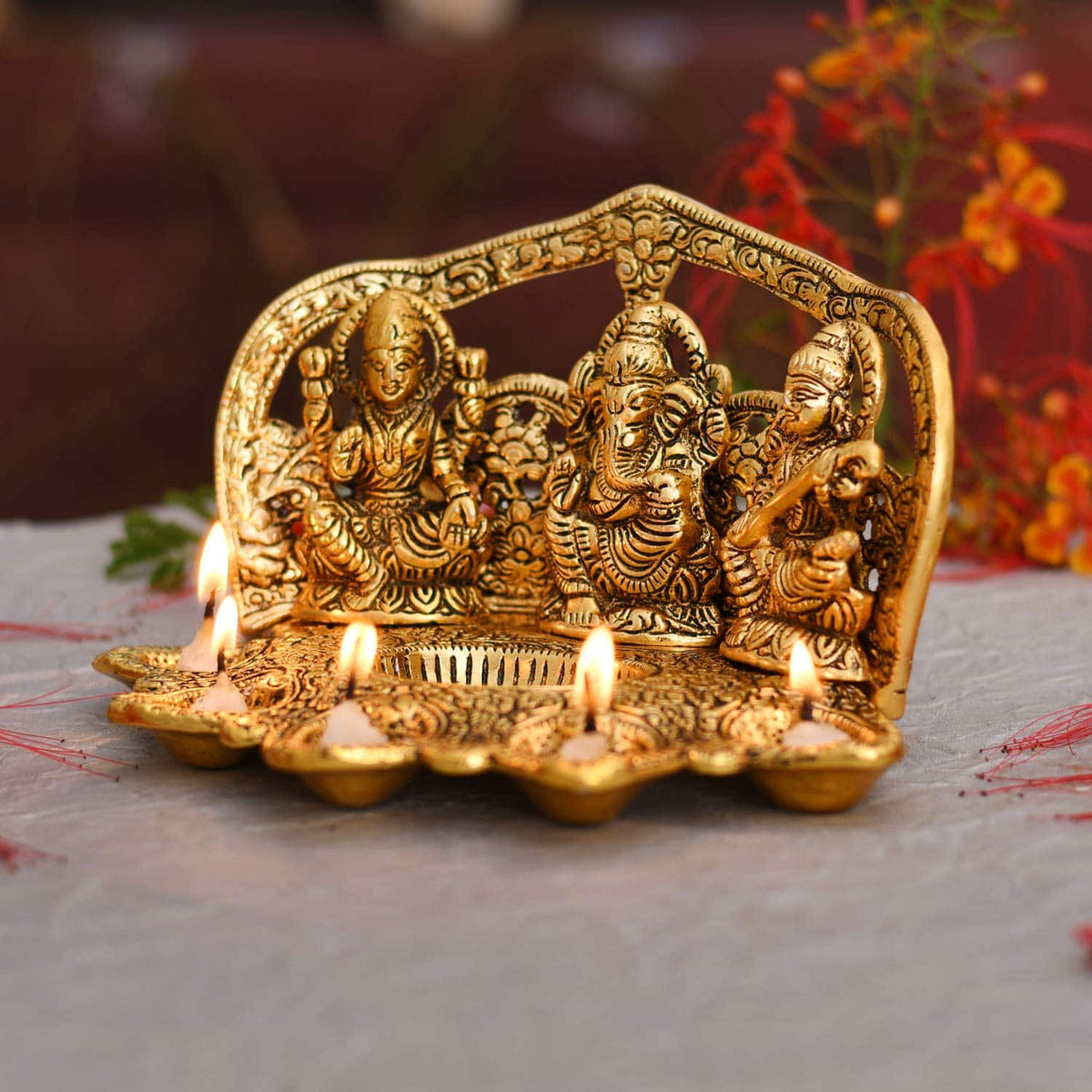 Collectable India Lakshmi Ganesh Saraswati Idol Diya Oil Lamp Deepak - Metal Lakshmi Ganesh Showpiece Statue - Traditional Diya for Diwali Pooja - Diwali Home Decor Item Gift (1)