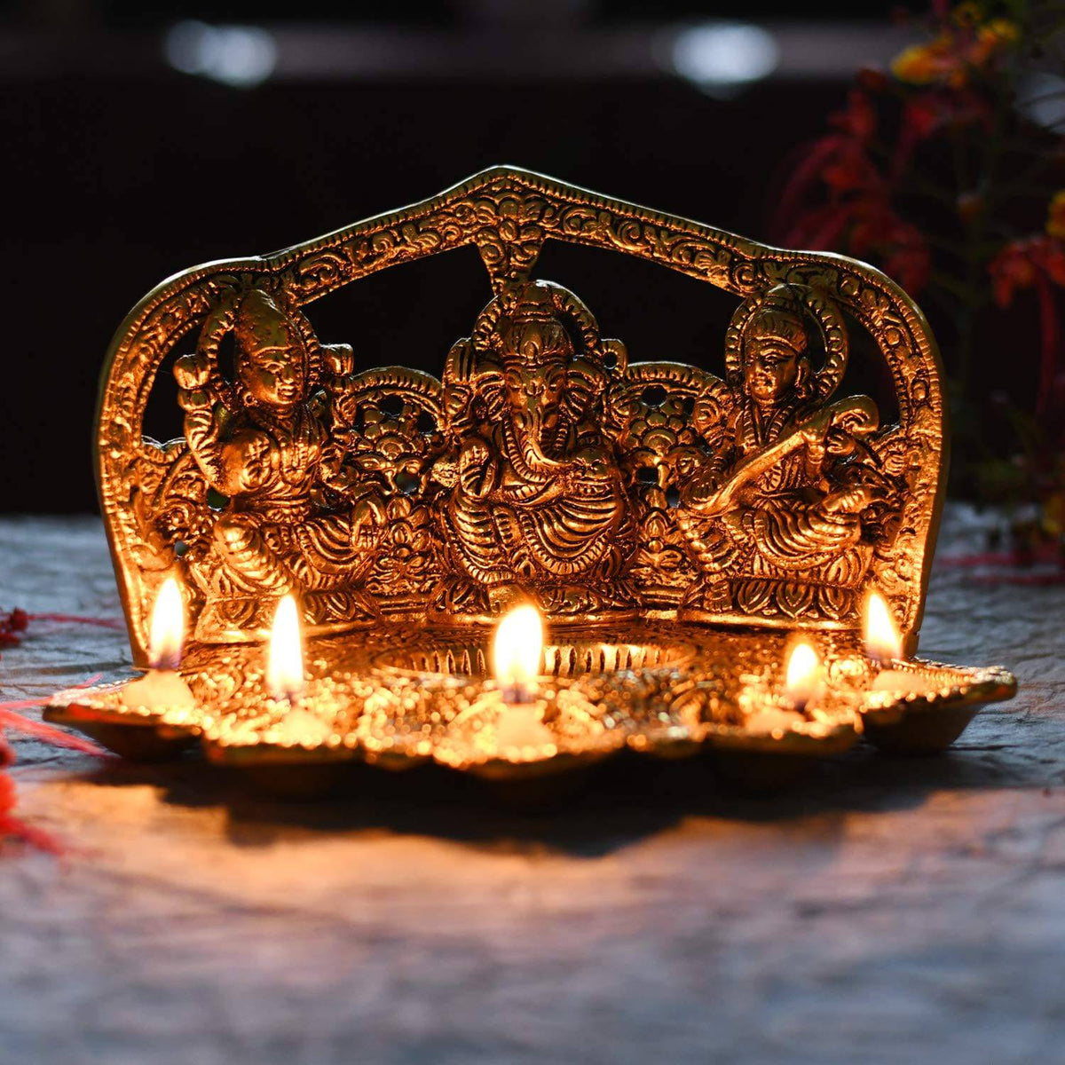 Collectable India Lakshmi Ganesh Saraswati Idol Diya Oil Lamp Deepak - Metal Lakshmi Ganesh Showpiece Statue - Traditional Diya for Diwali Pooja - Diwali Home Decor Item Gift (1)