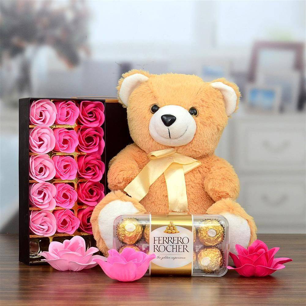 Cream Teddy With Chocolate & Scented Soap Rose