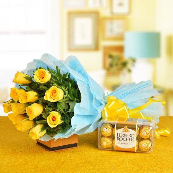 Dozen Yellow Roses with Rocher