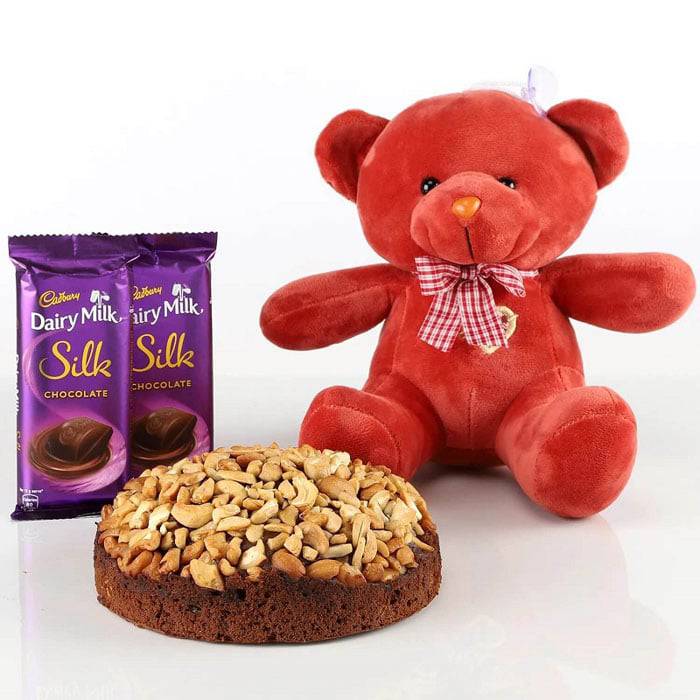 Dry Cake With Teddy Bear & Chocolates Combo