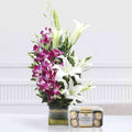 EXOTIC FLOWERS ARRANGEMENT WITH FERREO ROCHER CHOCOLATE