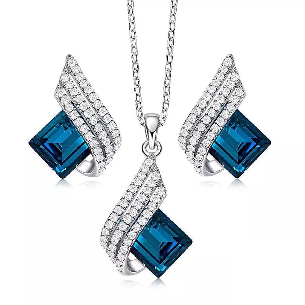 Fashion Angel Wings Platinum Plated Crystal Pendant Necklace Jewellery Set Gifts for Women and Girls (Blue) (14622s)
