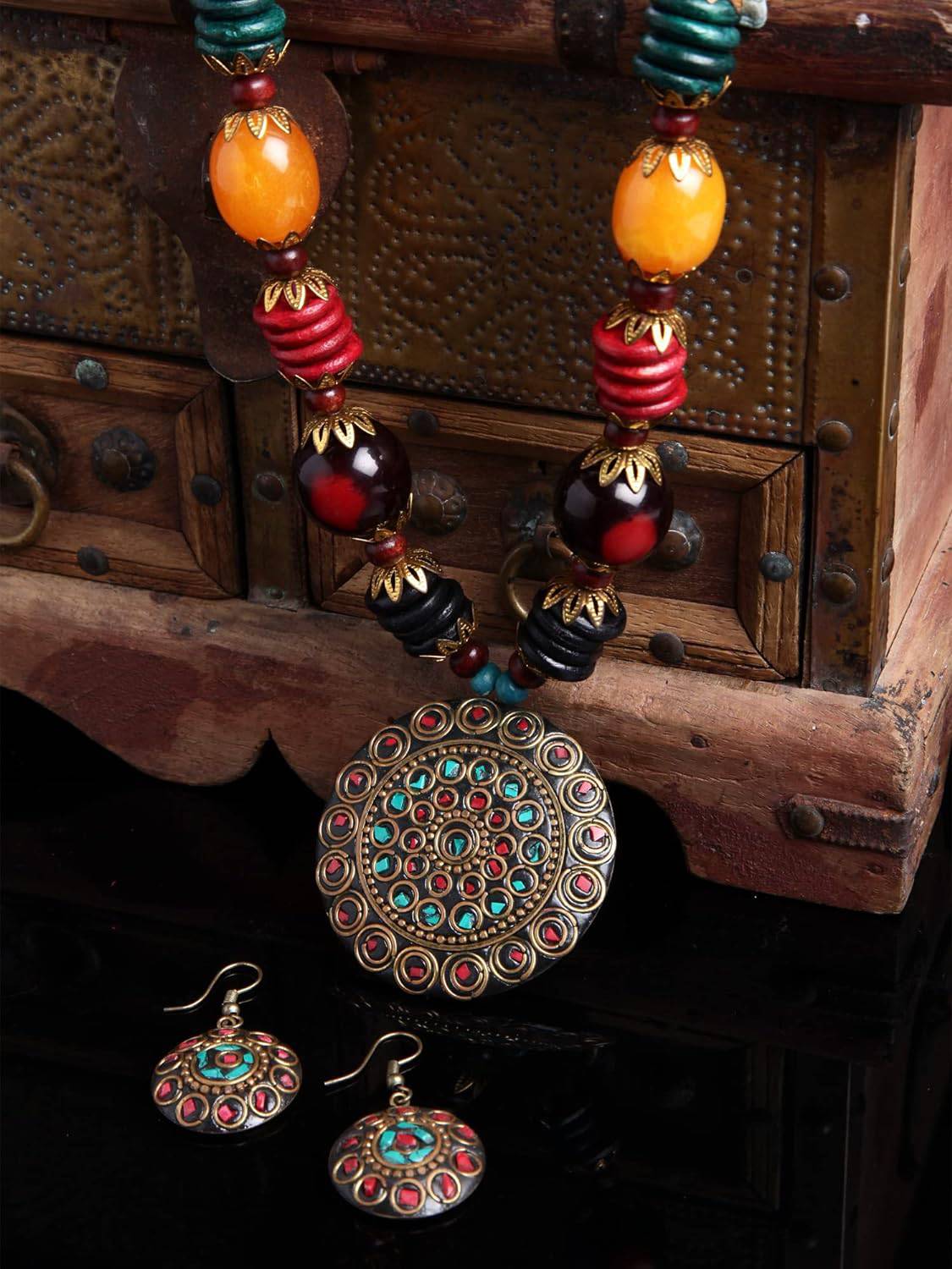 Fashion Latest Stylish Traditional Tibetan Pendant Necklace Jewellery Set for Women