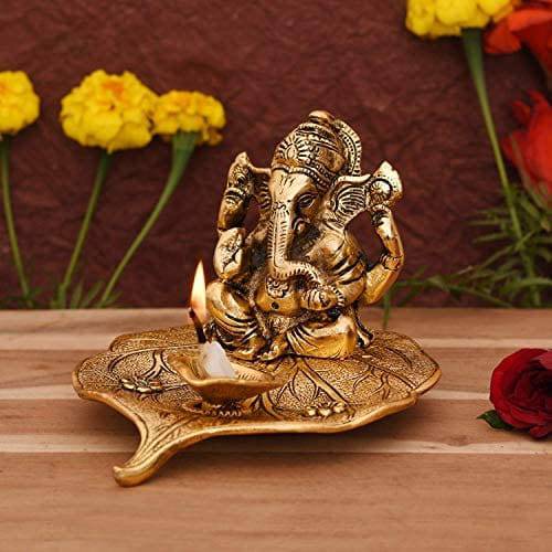 Ganesh Idol on Leaf - Lord Ganesha with Diya - Metal Diya for Diwali Decoration Items Home Decorative Gift Puja Gifts Corporate, Diwali Gift Item