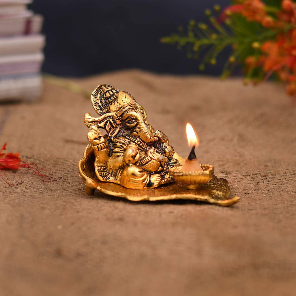 Ganesh Idol on Leaf - Lord Ganesha with Diya - Metal Diya for Diwali Decoration Items Home Decorative Gift Puja Gifts Corporate, Diwali Gift Item