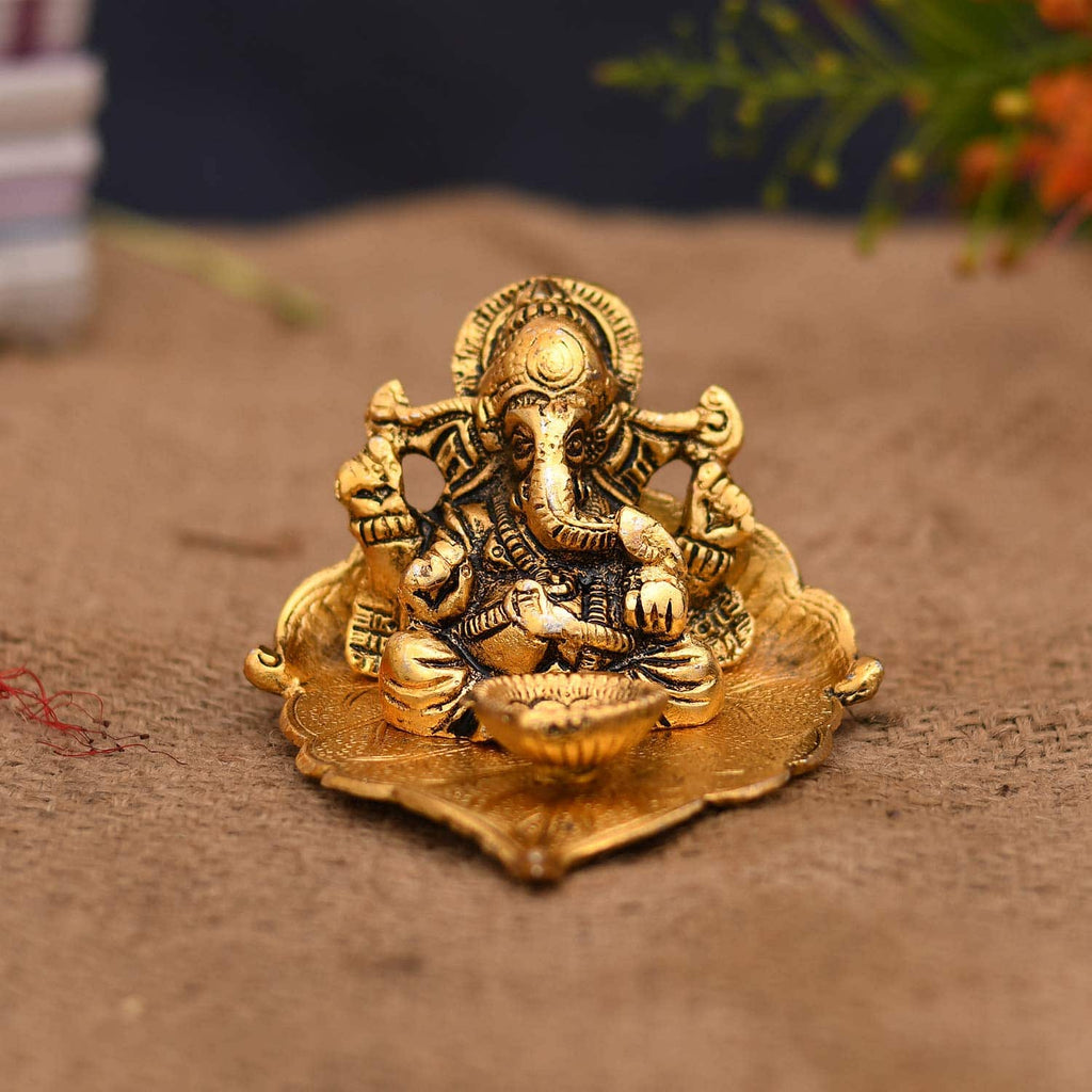 Ganesh Idol on Leaf - Lord Ganesha with Diya - Metal Diya for Diwali Decoration Items Home Decorative Gift Puja Gifts Corporate, Diwali Gift Item