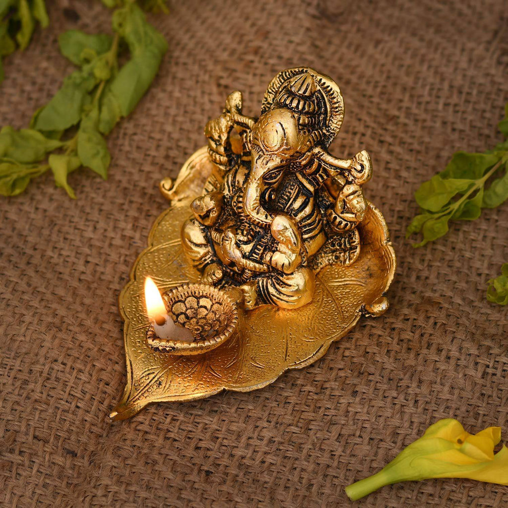 Ganesh Idol on Leaf - Lord Ganesha with Diya - Metal Diya for Diwali Decoration Items Home Decorative Gift Puja Gifts Corporate, Diwali Gift Item