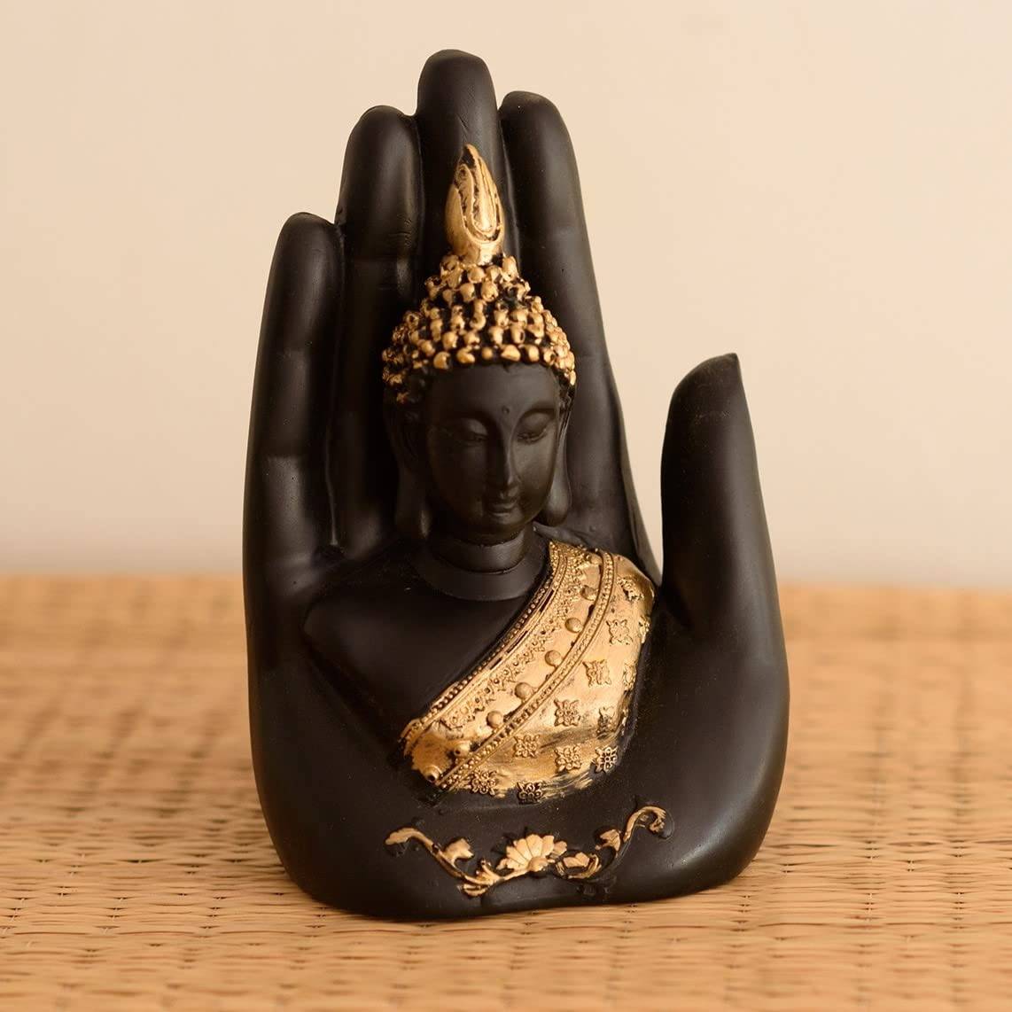 Golden Handcrafted Palm Buddha Polyresin Showpiece (12.5 cm x 7.5 cm x 17.5 cm, Black)