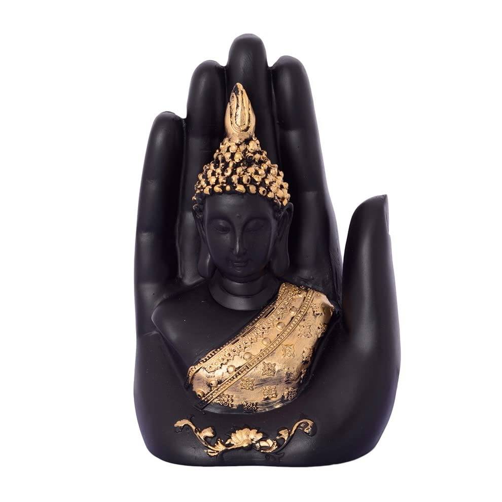 Golden Handcrafted Palm Buddha Polyresin Showpiece (12.5 cm x 7.5 cm x 17.5 cm, Black)