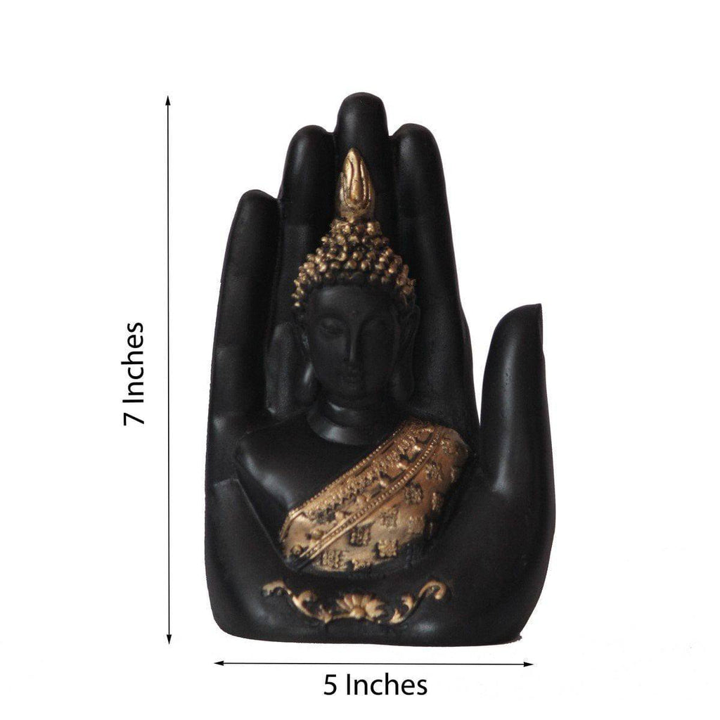 Golden Handcrafted Palm Buddha Polyresin Showpiece (12.5 cm x 7.5 cm x 17.5 cm, Black)