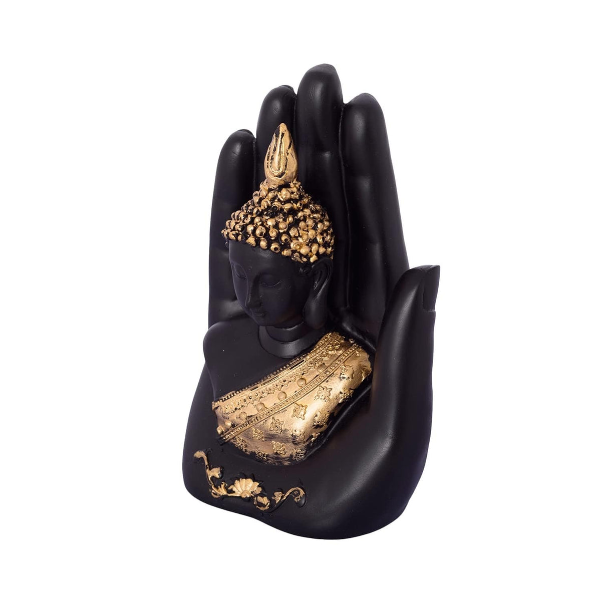 Golden Handcrafted Palm Buddha Polyresin Showpiece (12.5 cm x 7.5 cm x 17.5 cm, Black)