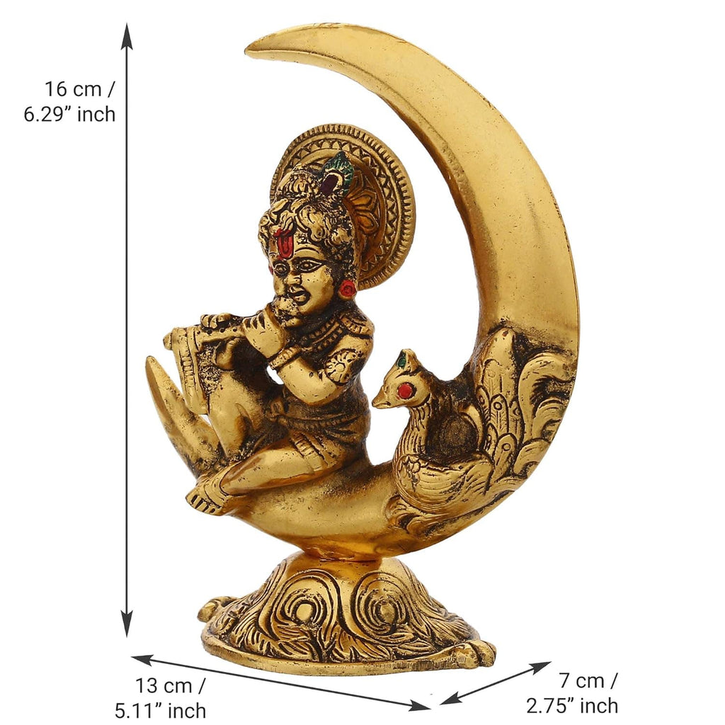 Golden Metal Handcrafted Lord Krishna Idol Playing Flute and Sitting On Half Moon Decorative Showpiece for Home Decor - Ideal Gift for Krishna Janmashtami, Housewarming, Wedding