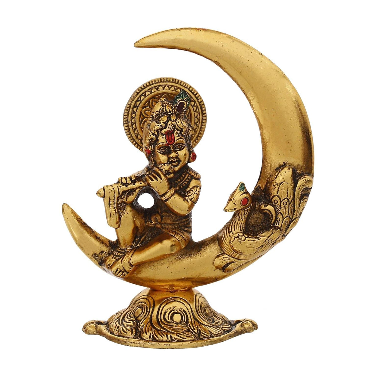 Golden Metal Handcrafted Lord Krishna Idol Playing Flute and Sitting On Half Moon Decorative Showpiece for Home Decor - Ideal Gift for Krishna Janmashtami, Housewarming, Wedding