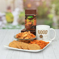 Haldiram Masala Namkeen, Mathri Namkeen, Soya Stick in a Plate with Coffee & Mug