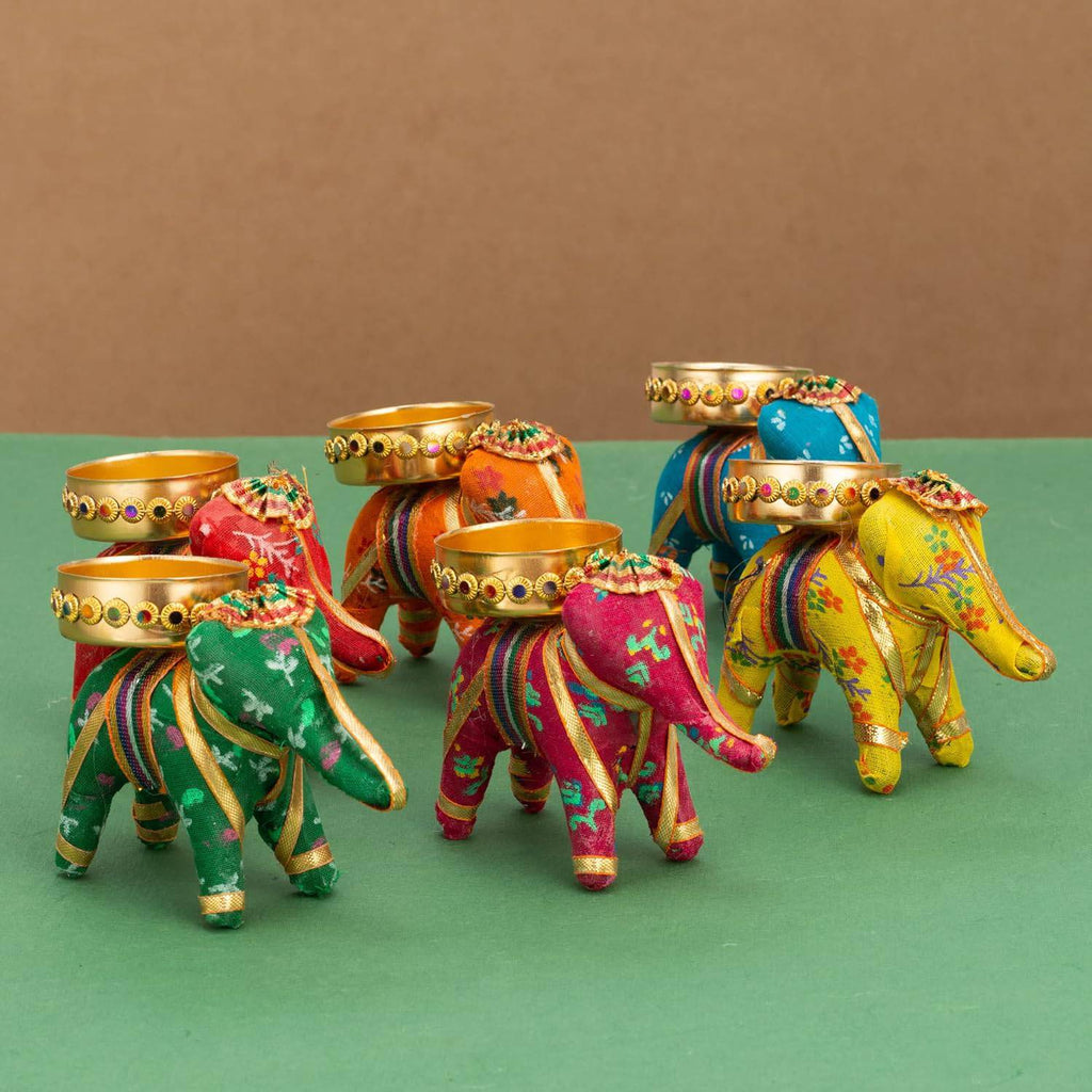 Handcrafted Recycled Material Elephant Tealight Candle Holders Home Decor Items for Diwali (Multicolour, 8 X 5 X 10 cm) - Pack of 6, Iron