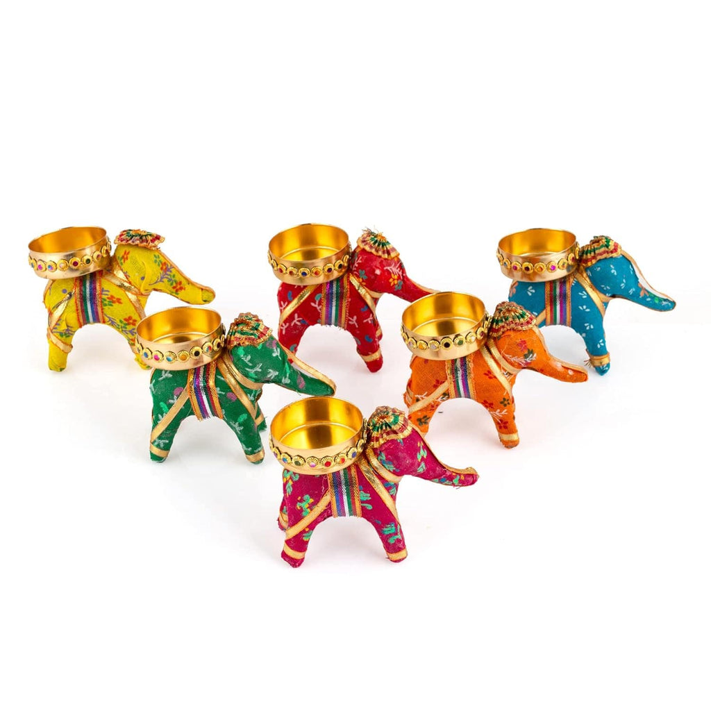 Handcrafted Recycled Material Elephant Tealight Candle Holders Home Decor Items for Diwali (Multicolour, 8 X 5 X 10 cm) - Pack of 6, Iron