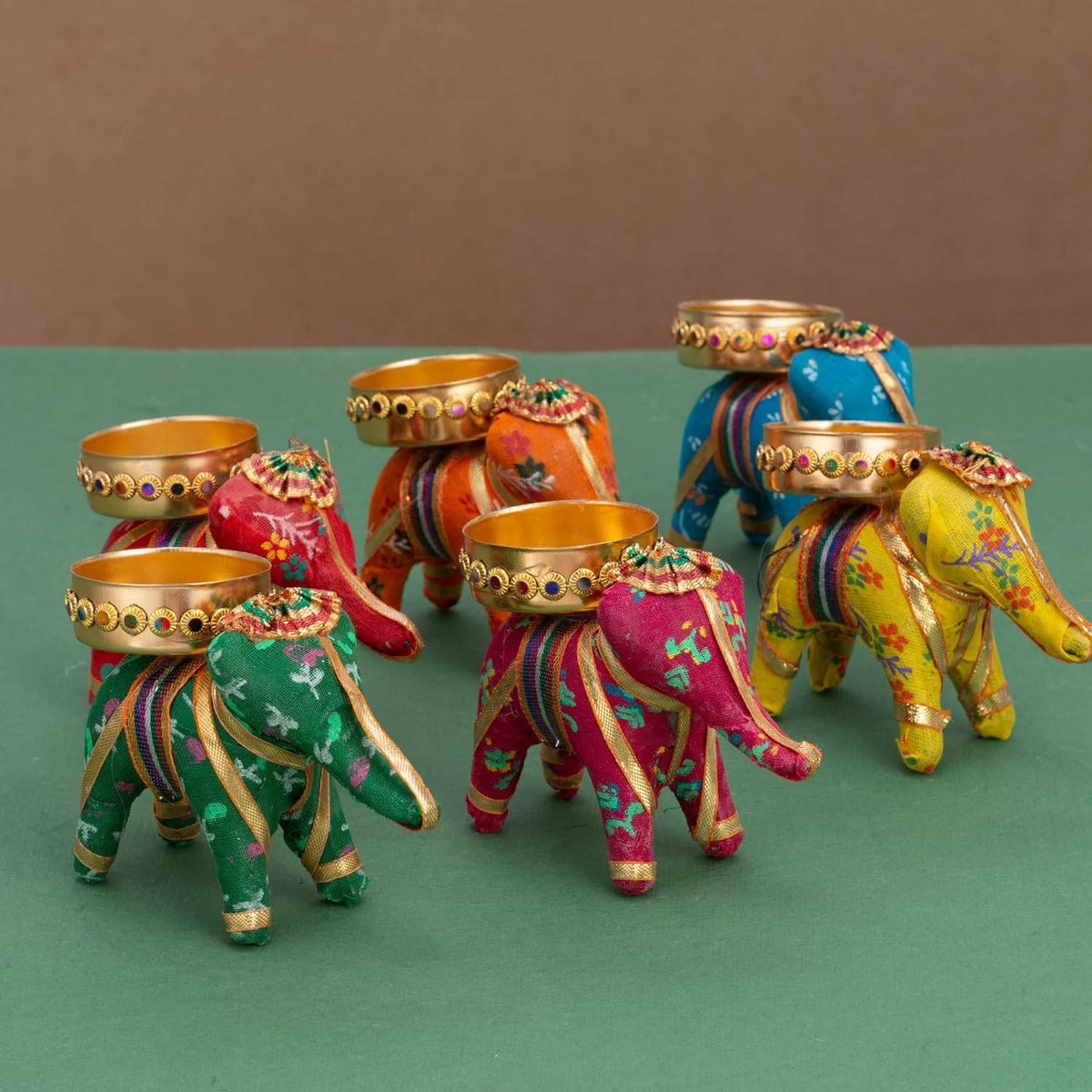 Handcrafted Recycled Material Elephant Tealight Candle Holders Home Decor Items for Diwali (Multicolour, 8 X 5 X 10 cm) - Pack of 6, Iron