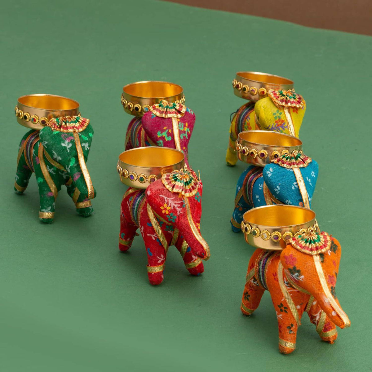 Handcrafted Recycled Material Elephant Tealight Candle Holders Home Decor Items for Diwali (Multicolour, 8 X 5 X 10 cm) - Pack of 6, Iron
