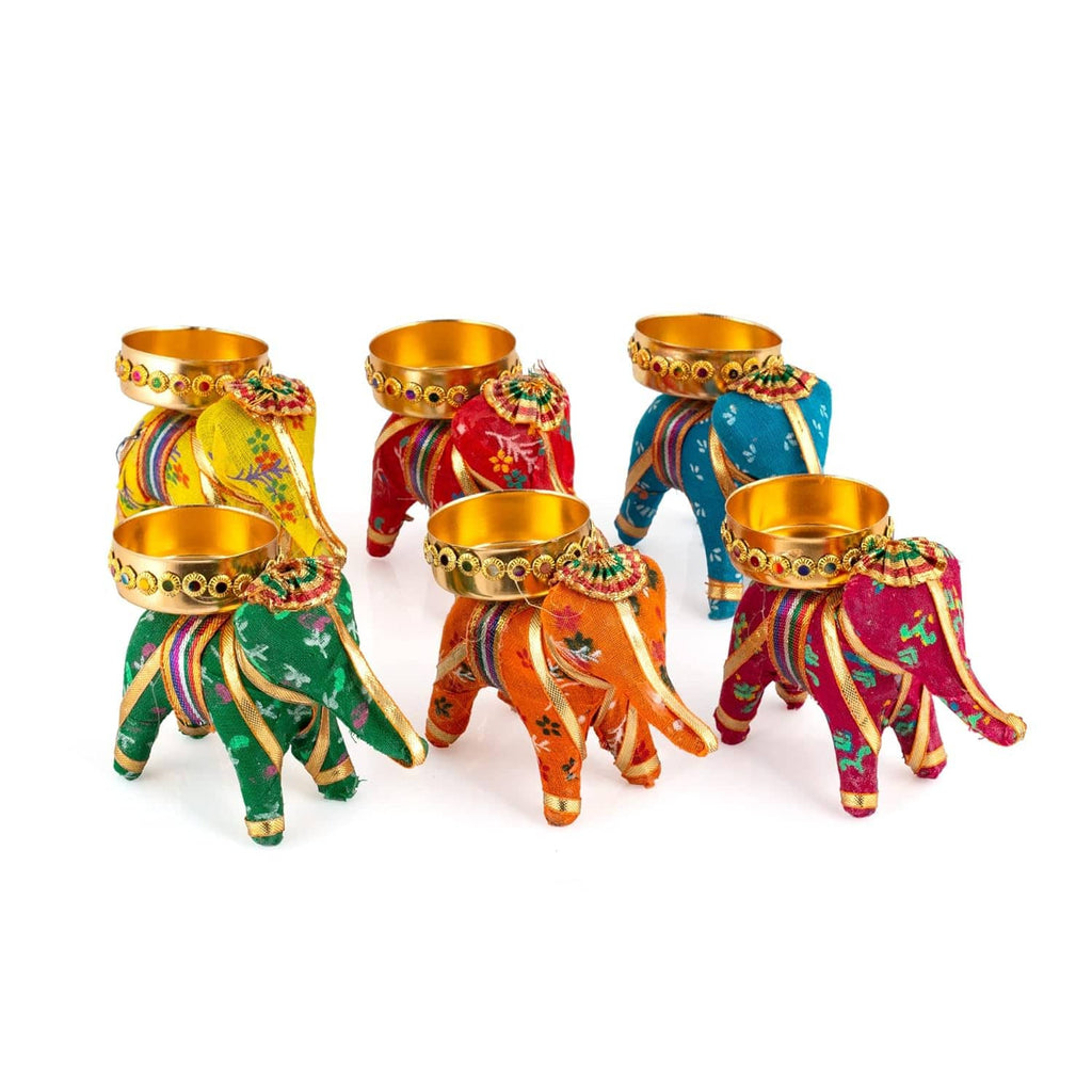 Handcrafted Recycled Material Elephant Tealight Candle Holders Home Decor Items for Diwali (Multicolour, 8 X 5 X 10 cm) - Pack of 6, Iron