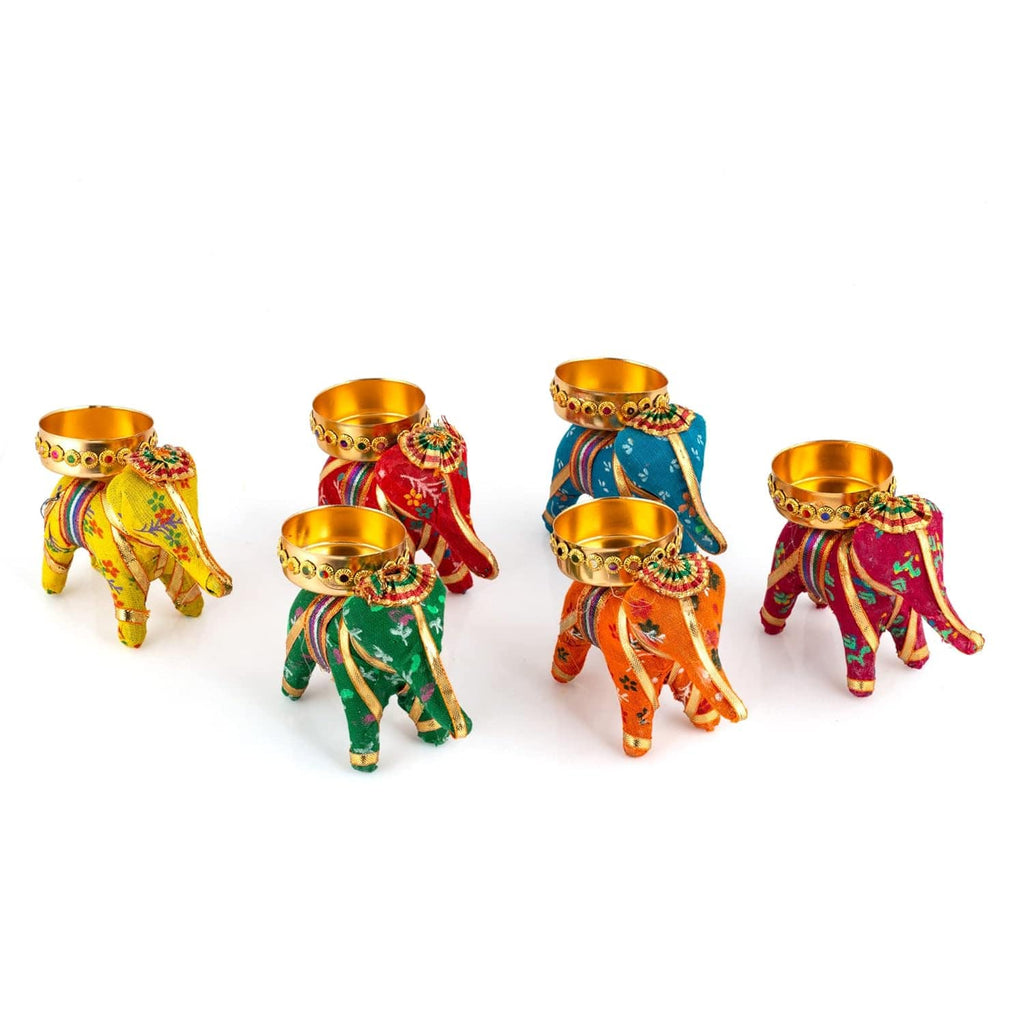 Handcrafted Recycled Material Elephant Tealight Candle Holders Home Decor Items for Diwali (Multicolour, 8 X 5 X 10 cm) - Pack of 6, Iron