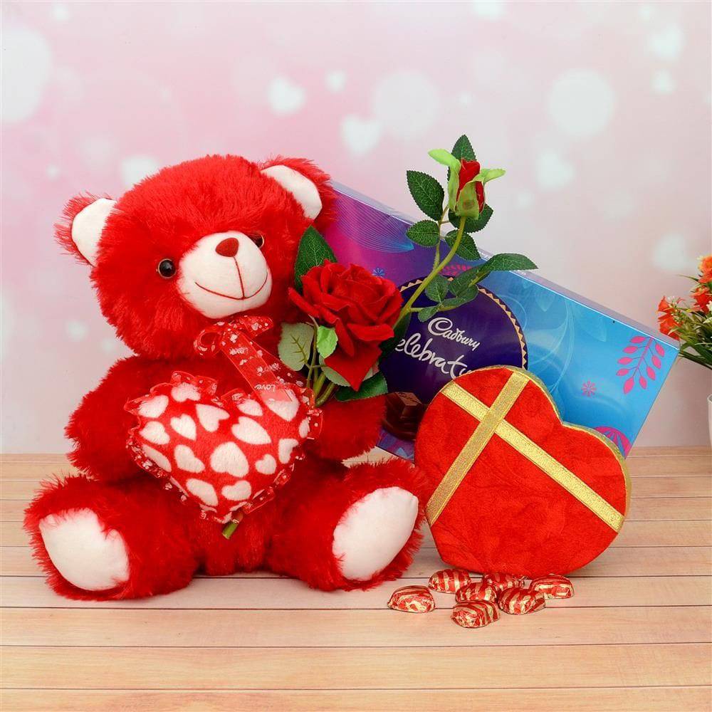 Heart Shape Chocolate Box With Teddy & Rose Hamper