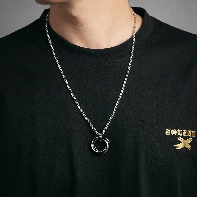 Infinity Orbit Interlocking Ring Pendant Necklace – Silver & Blue (For Men's)
