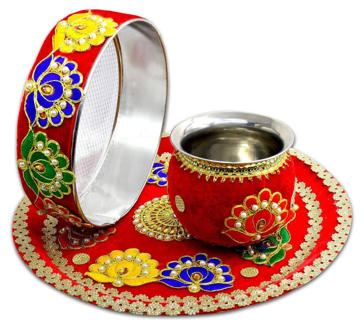 Karwa Chauth Complete 8 Pcs Set | Stainless Steel Thali |Lota | Calendar |Story Book | Channi | Roli Akshat | Greeting Card |Diya | Decorative Karwa Chauth Thali with All item