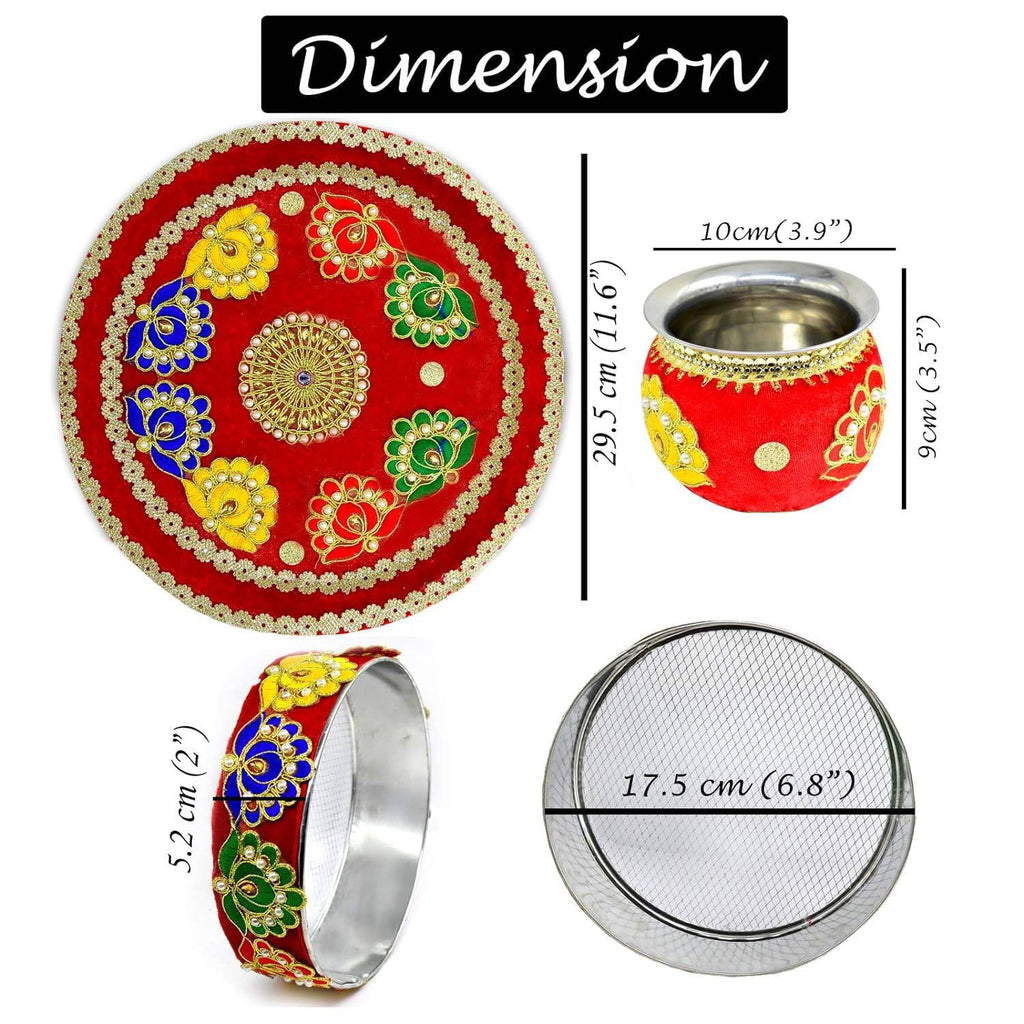 Karwa Chauth Complete 8 Pcs Set | Stainless Steel Thali |Lota | Calendar |Story Book | Channi | Roli Akshat | Greeting Card |Diya | Decorative Karwa Chauth Thali with All item