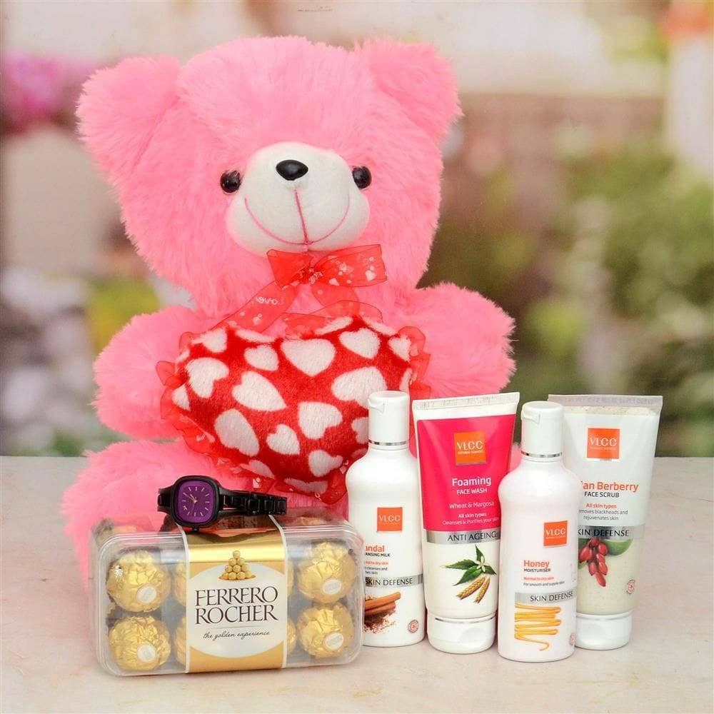 Ladies Watch With Cosmetics & Teddy Hamper