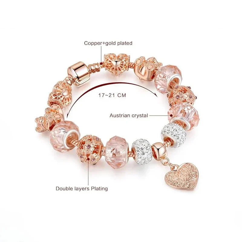Latest Stylish Pandora Crystal Diamonds Charms Rose Gold Gift Bracelet for Women and Girls