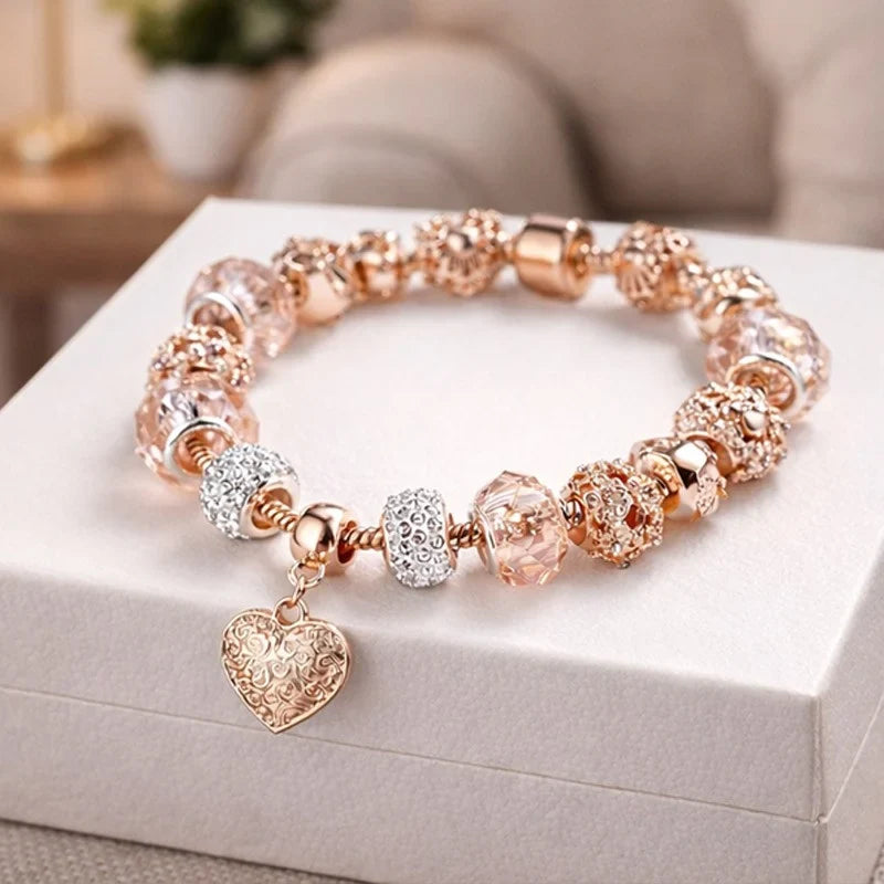 Latest Stylish Pandora Crystal Diamonds Charms Rose Gold Gift Bracelet for Women and Girls