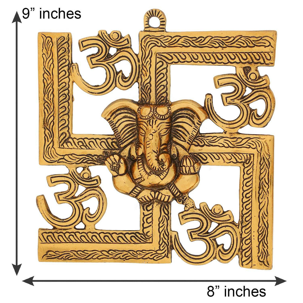 Lord Ganesha on Om Swastik Metal Golden Wall Hanging